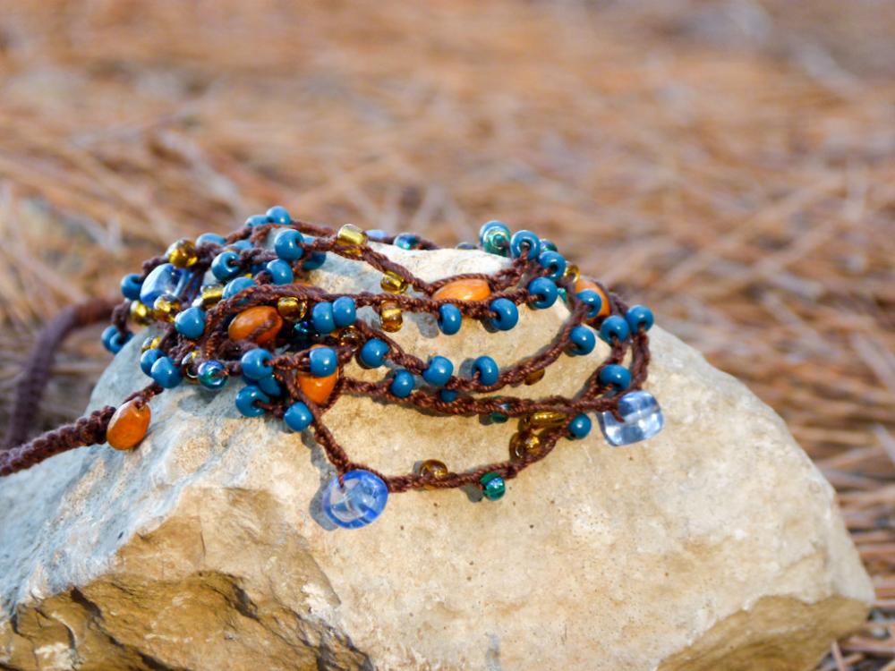 Teal orange brown beaded versatile necklace/wrap bracelet. Crochet holiday accessories 