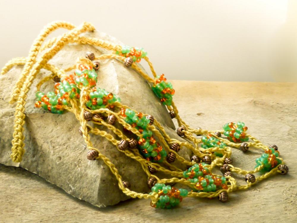 Spring fashion. Mustard orange green versatile beaded crochet strand wrap braselet. Natural history