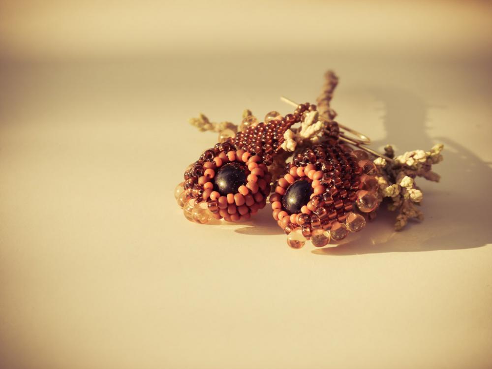 Autumn Woodland bead woven dangle earrings. Unique New Design. Orange Black Topaz .