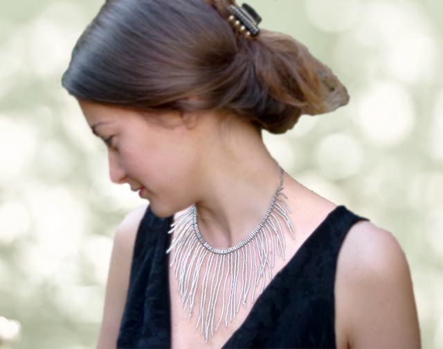 Statement jewelry Silver threads of rain. Boho chic fringes choker style necklace. Glitter holiday tbteam spteam