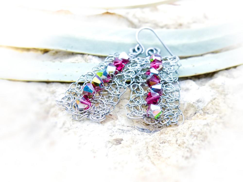 Bohemian wire crochet Swarovski crystal dangle earrings. Bridesmade gift idea.Spring fashion jewelry