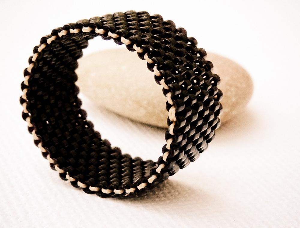 Nostalgic. Unisex minimalist street style Custom Band Ring. Beaded Black. tbteam