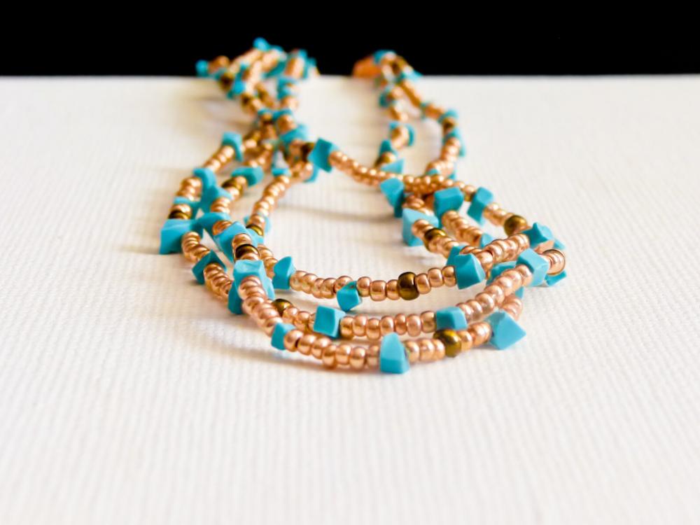 Turquoise jewelry Summer 2012 Boho chic golden multi layered romantic necklace/ wrap bracelet. 