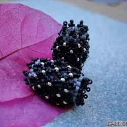 Beaded beads- Pair of black silver dots beadwoven beads- jewelry making supplies
