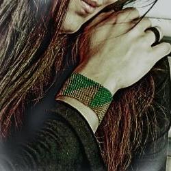 Tribal Primitive Pattern. Bamboo Yellow Green Beadwoven Cuff/ Bracelet. Spring fashion jewelry