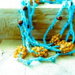 Spring fashion Turquoise Orange Brown crochet strand. headband/ wrap bracelet / anklet / belt