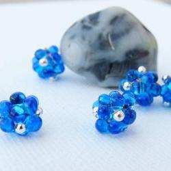 Lampwork style beaded beads Blue Silver dot (6) Jewelry Making Supplies