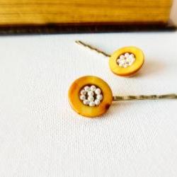 Unique fashion accessories Mustard yellow seed beaded hair bobby pins. Bird nest