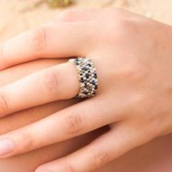 Metallic mix. Holiday jewelry Beaded Custom Ring.