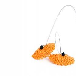Pumpkin Orange black beadwoven long dangle earrings. Autumn time. Halloween. round shape