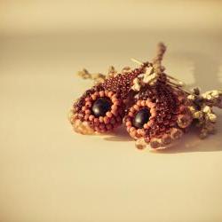Autumn Woodland bead woven dangle earrings. Unique New Design. Orange Black Topaz .