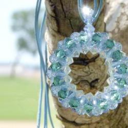 Holiday Jewelry. Sky. Round pendant Swarovski Crystal Bead Necklace Leather cord. Made to order