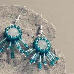Teal winter fashion jewelry. Opal bead wrapped fringe dangle earrings. tbteam spteam
