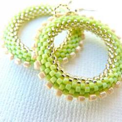 Lime Green Bead Woven Hoop Earrings, Spring Fashion Everyday jewelry