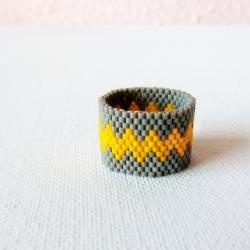 Modern geometric chevron Custom band ring Grey yellow zig zag Beaded fashion jewelry under 25