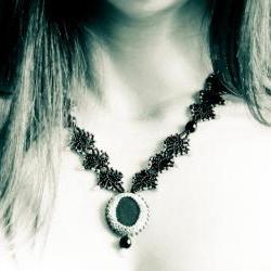 Black Lace Fashion Bead woven Necklace with Natural Sea Stone Pendant. one of kind OOAK grey gray