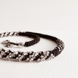 Night. Luxuries Black Silver asymmetric bead woven necklace. Ready to ship