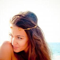 Boho Chic Mustard gold brown beaded crochet headband strand. Versatile necklace / bracelet / anklet / hair band. tbteam spteam