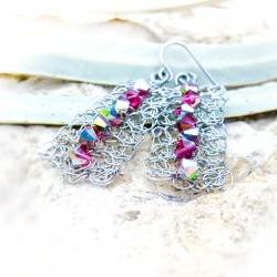 Bohemian wire crochet Swarovski crystal dangle earrings. Bridesmade gift idea.Spring fashion jewelry