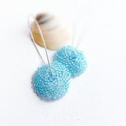 Bridesmade Aqua blue sapphire crystal earrings, beaded round shape, long dangle fashion jewelry