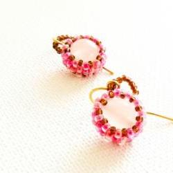 Bridesmade pink white gemstone beadwoven earrings.Wedding Spring fashion jewelry. tbteam