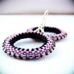 Old Rose.Goth black pink silver beadwoven hoop earrings.