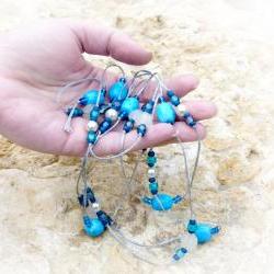 Sea Dream Turquoise beaded lariat silver waxed cotton thread necklace. Nautical Spring jewelry tbteam