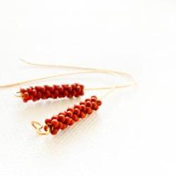 Terracotta long dangle earrings. Minimalist fashion brownish orange beaded beads jewelry. gift idea tbteam