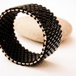 Nostalgic. Unisex minimalist street style Custom Band Ring. Beaded Black. tbteam