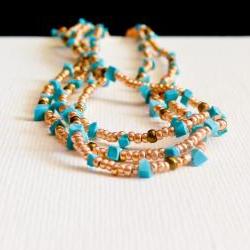 Turquoise jewelry Summer 2012 Boho chic golden multi layered romantic necklace/ wrap bracelet. 