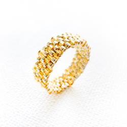 Custom Wedding silver golden textured delica band ring. Rustic Beadwoven fashion jewelry