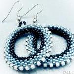Morning Mist. Metallic Chic Hoop Earrings. Holiday jewelry. Black Silver Grey gray Beadwoven Wheel. made for order