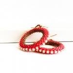 Christmas hoop earrings. Red white bronze bead woven round shapes